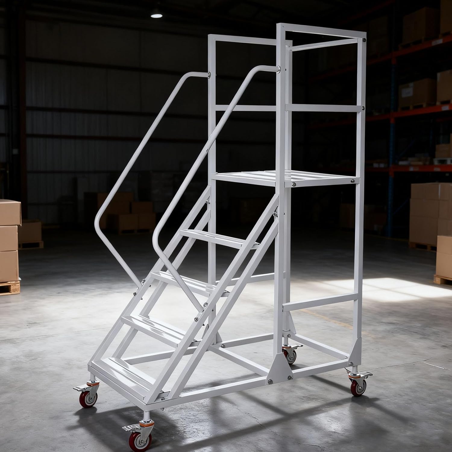 5-Step Rolling Warehouse Step Ladder, Lockable Wheels, Non-Slip Wide Steps, Dual Handrails, Movable Platform Ladder, Rolling Stairs for Warehouse, Supermarket, Library (White, 5 Steps)