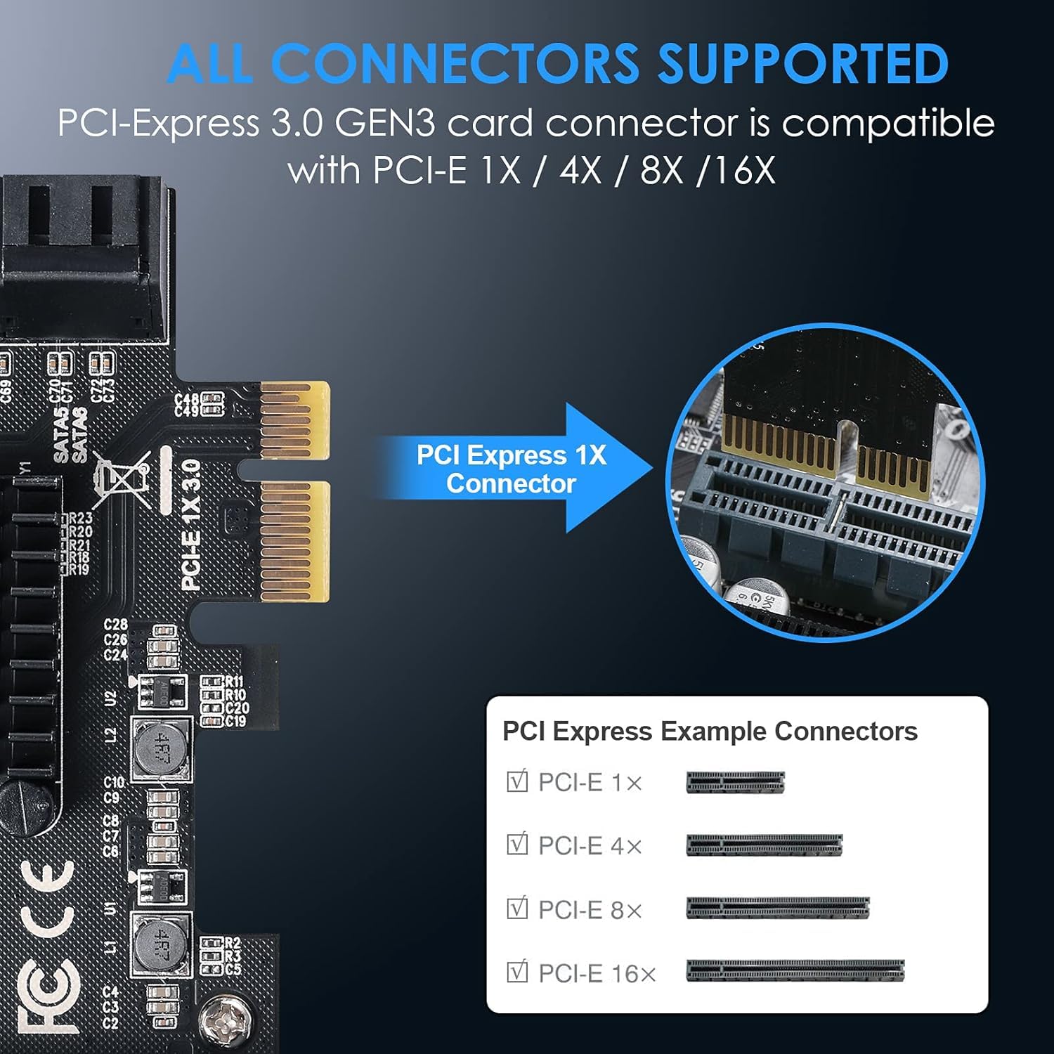 Carte D'extension PCIE SATA 6 Gbit/s PCIE 6 Ports PCIE 1X SATA, Contrôleur SATA, Chipset PCI-E 3.0 GEN3 ASM1166 - avec 6 Câbles SATA et Support Plat