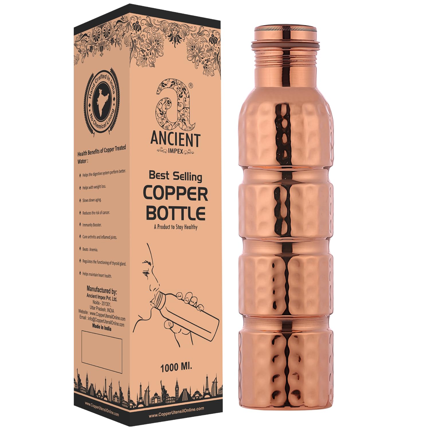 AncientImpex Hammered Pure Copper Water Bottle Seamless Leak-Proof 33.81 Fl Oz (1000 Ml) Capacity