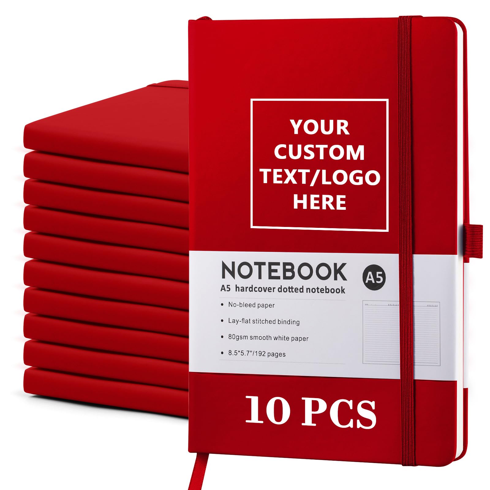 Vebermo Personalized Notebook-Can Engrave Logo/Text/Image, Customizable A5 Journal Notebook Daily Journals For Writing-192 Lined Pages 8.5 x 5.71 Inch,Red,10 pcs
