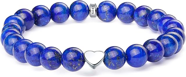 J.Endéar Beaded Bracelets for Womens, 8mm Natural Gemstone Bracelet, Heart Friendship Bracelets with 925 Sterling Silver Heart Charm