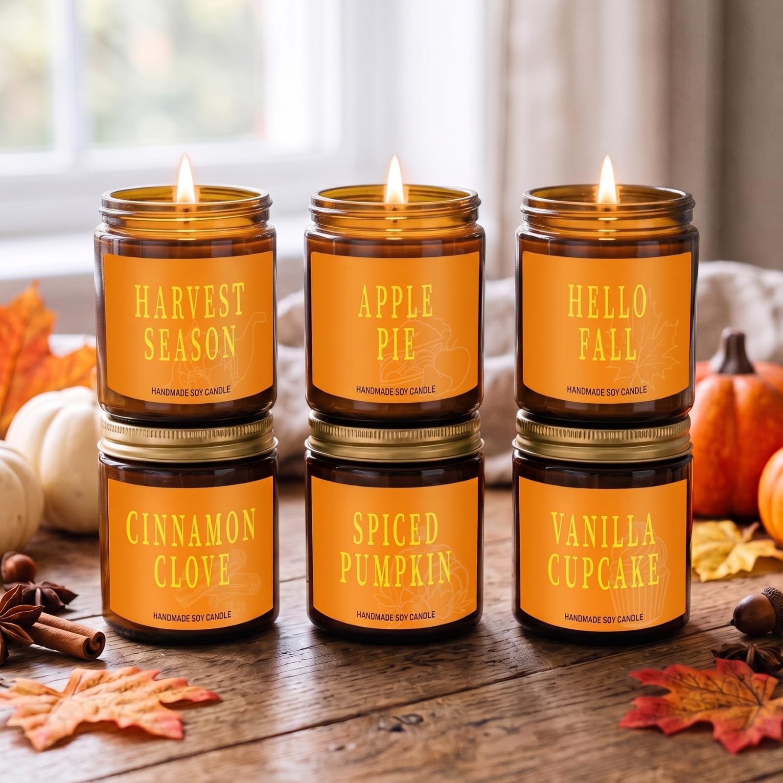 Landhoow 6-teiliges Herbstkerzen-Geschenk-Set für Damen und Herren, Erntedankfest, Soja-Duftkerzen für Zuhause, Aromatherapie, Duft für Herbstferien (Apfelkuchen/Zitronengras/Vanille/Ernte/Kürbis/Zimt