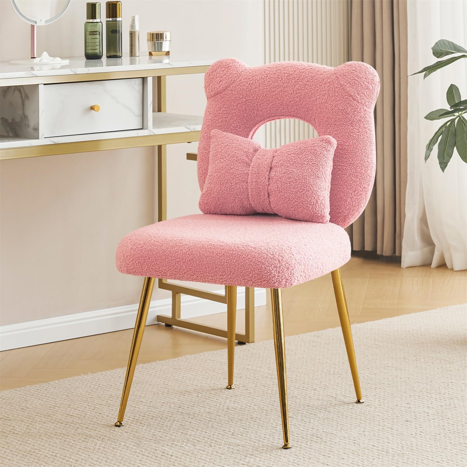 Furniliving Armless Upholstered Chair for Makeup Vanity, Cute Sherpa Accent Chair for Living Room, Bedroom, Dressing Room, Vanity Stool Chair with Back, Gold Legs, Pink Pink Sherpa