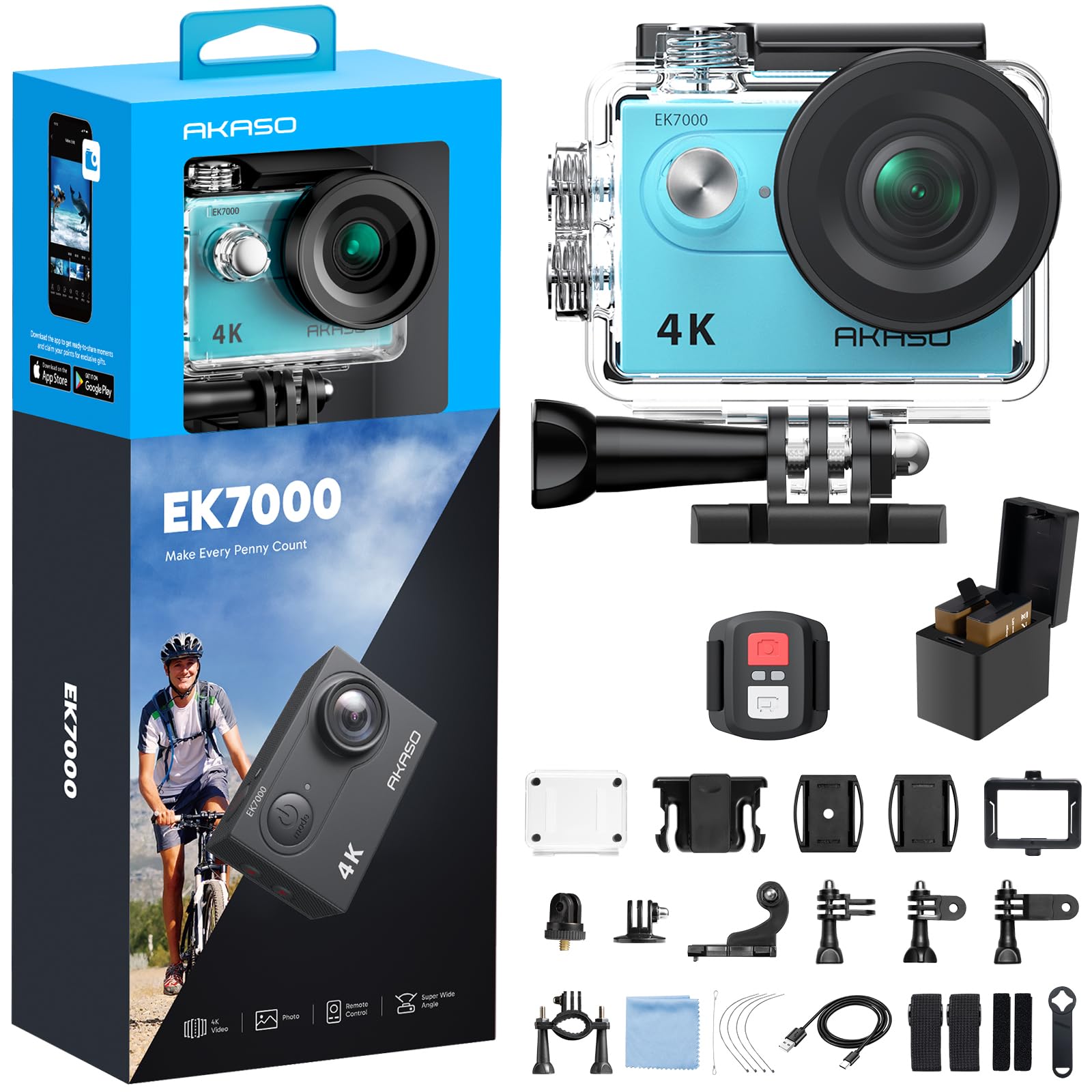 AKASO EK7000 4K30FPS 20MP WiFi Action Camera with EIS Ultra HD 131FT Waterproof Underwater Camera Remote Control 4X Zoom Support External Microphone Blue