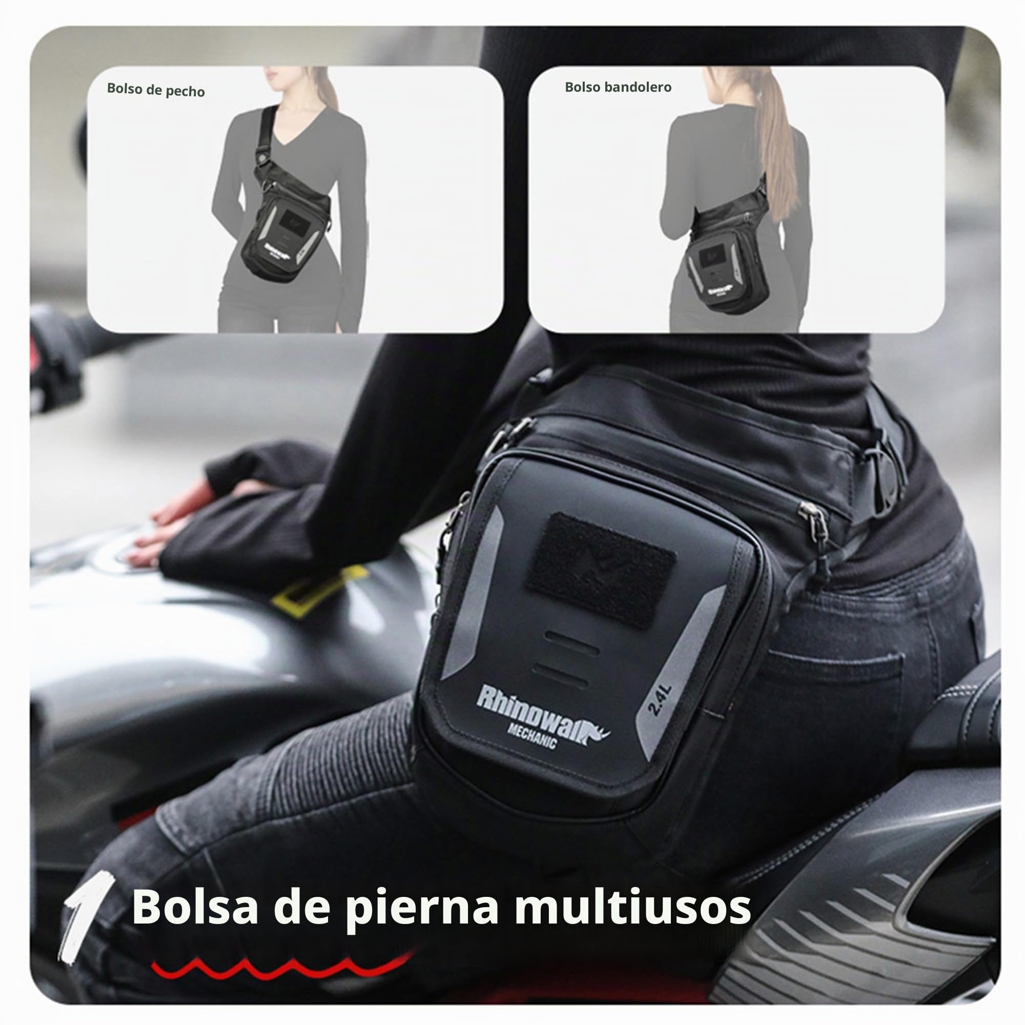 Rhinowalk Bolsa para depósito de motocicleta 2.4L con imán y correas – Bolsa para pierna, bolsa en el pecho, bandolera con compartimento para smartphone y funda impermeable