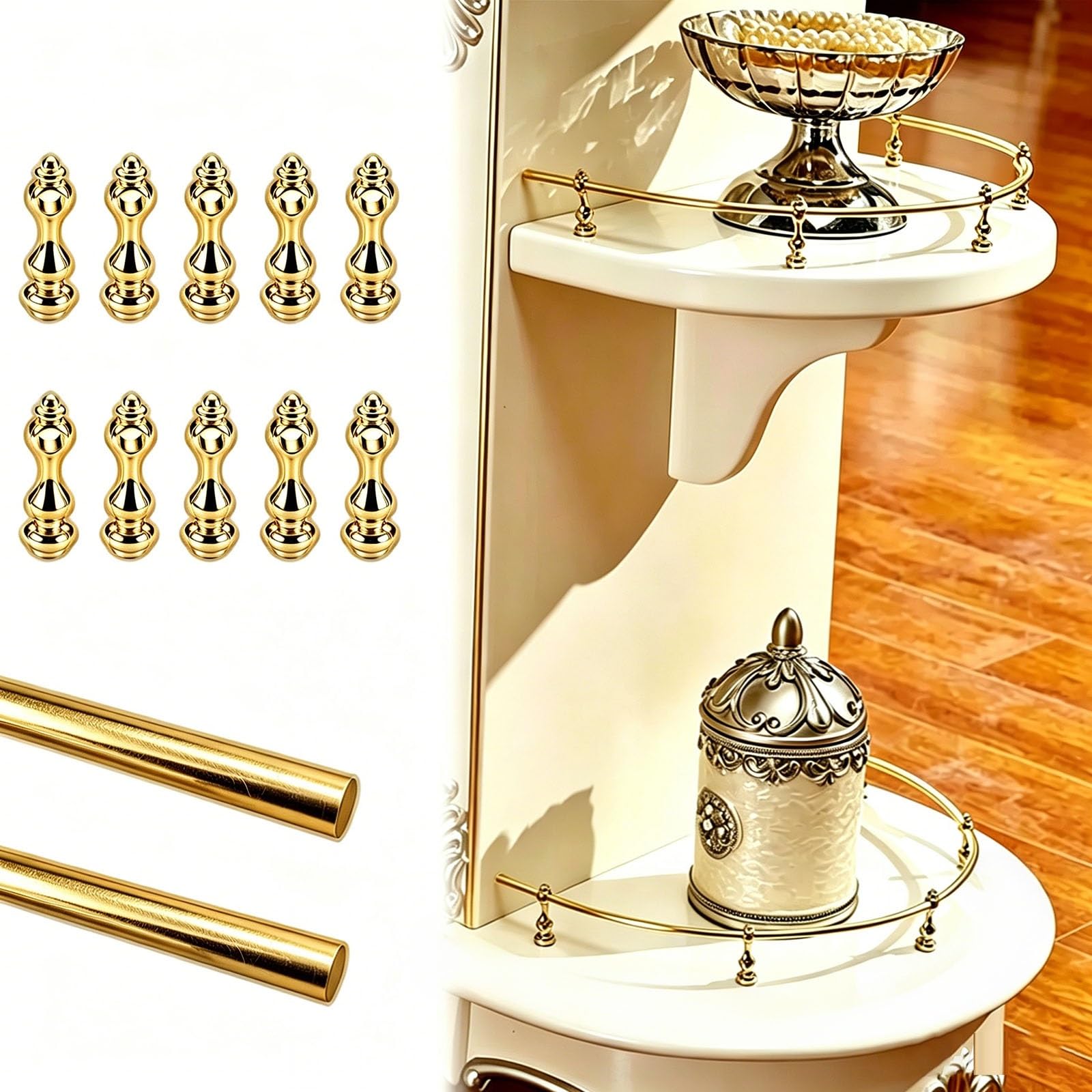 Set of 2 Shelf Corners Railing Bars Bendable 16 20 24 28 30 36in, Anti-Fall Display Rack Rail for Wine Storage/Pantry/Cabinets, Flexible Gallery Bookshelf Fence Guard(Gold,20in/51cm)
