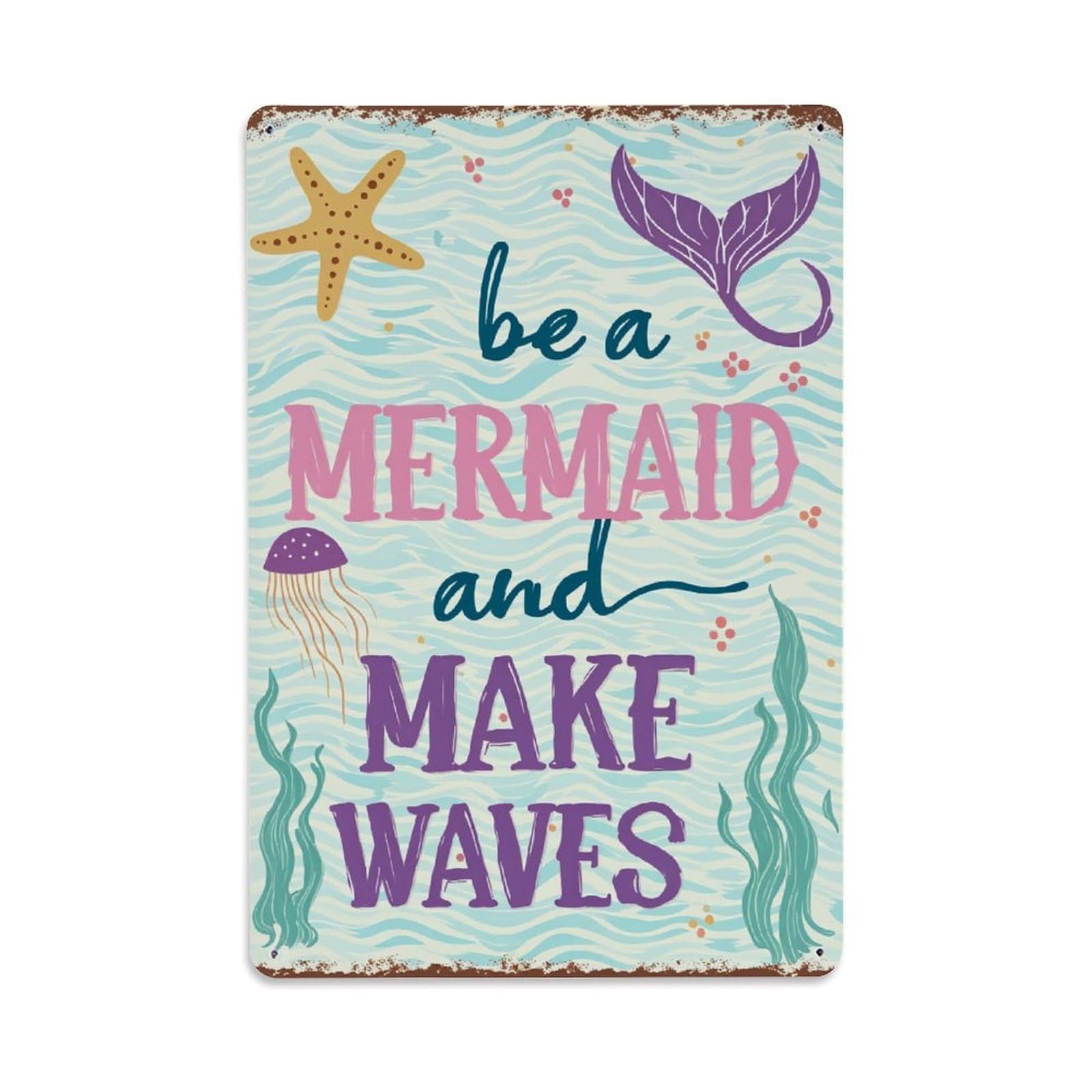 Enderetf Vintage Mermaid Waves Starfish Jellyfish Seaweed Tin Sign Metal Poster, Home Bar Garage Man Cave Cafe Indoor & Outdoor Wall Decoration 8X12inches