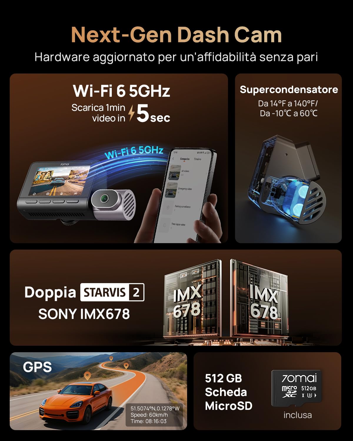70mai Dash Cam 4K T800 3 Canali Dual 4K+1080P Anteriore Posteriore Interno, 3 HDR Dual STARVIS 2 con microSD 512GB, 4G LTE, Rilevamento del Movimento AI, Visione Notturna, Monitoraggio Parcheggio