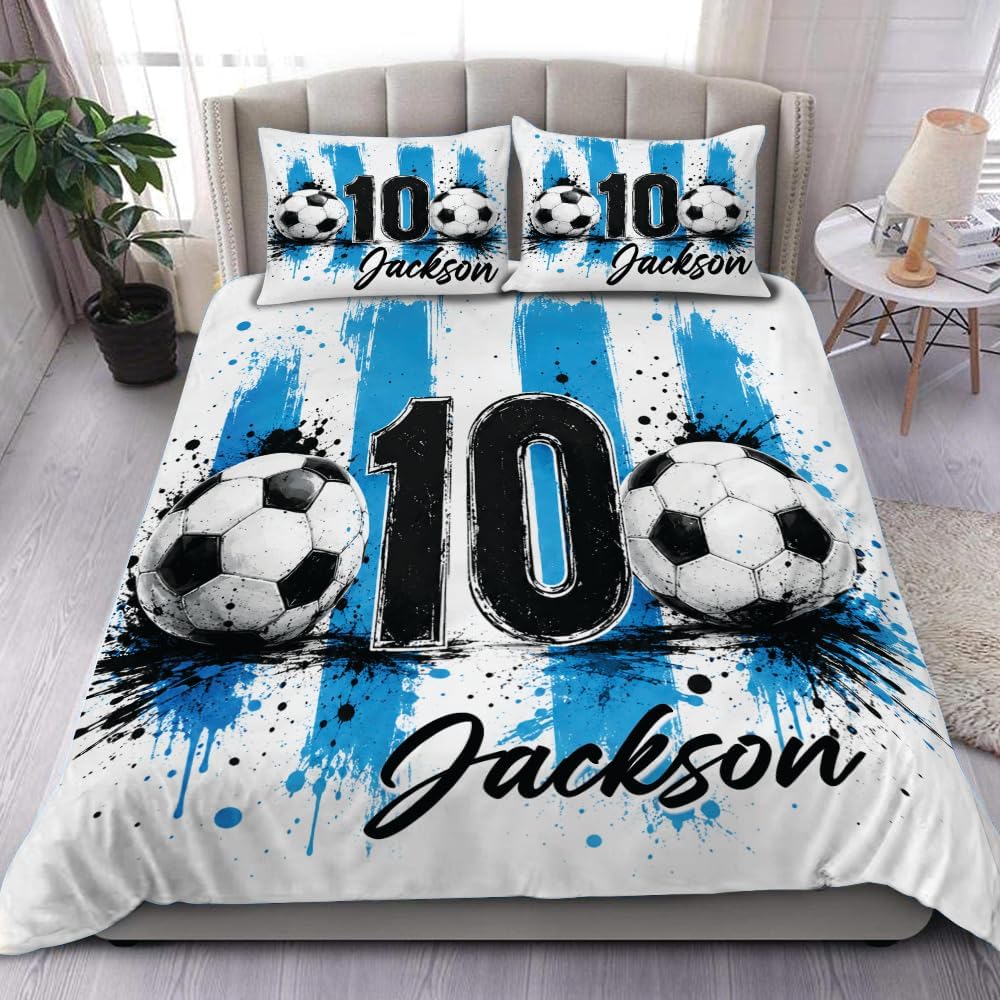 Personalized Soccer Bedding Set - Custom Name Soccer Ball Comforter Cover with Pillowcases, Blue Sports Bedspread Gift for Boys Kids Teens Soccer Players (A13)