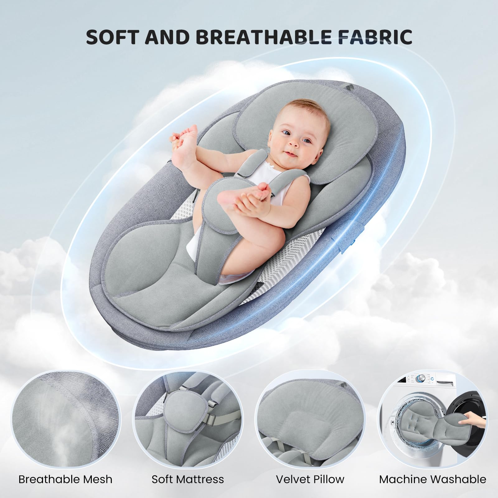 Operazione APP Sdraietta Neonati, Imbracatura a 5-Punti Migliorata Altalena Neonato Elettrica con 3 Timer, 5 Velocità di Altalena, Sdraietta Neonati Bluetooth Imbottita Morbida 0-9kg (Grigio)