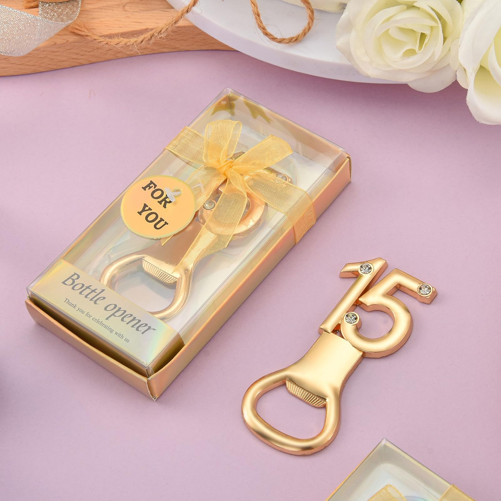 Apribottiglie in Evidenza a Forma di Numero 15 in Oro, Apribottiglie Ricordo con Confezione Regalo, Decorazione con Strass, Apribottiglie Souvenir per Compleanno, Matrimonio, Anniversario,(36pcs-oro)