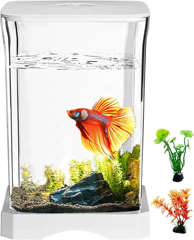 PINVNBY Tanque de peixes pequeno, kits iniciantes de aquário de acrílico de 1 litro com 2 peças de plantas aquáticas de plástico, aquário Betta para camarão, gupy, água-viva beta, decoração de quarto