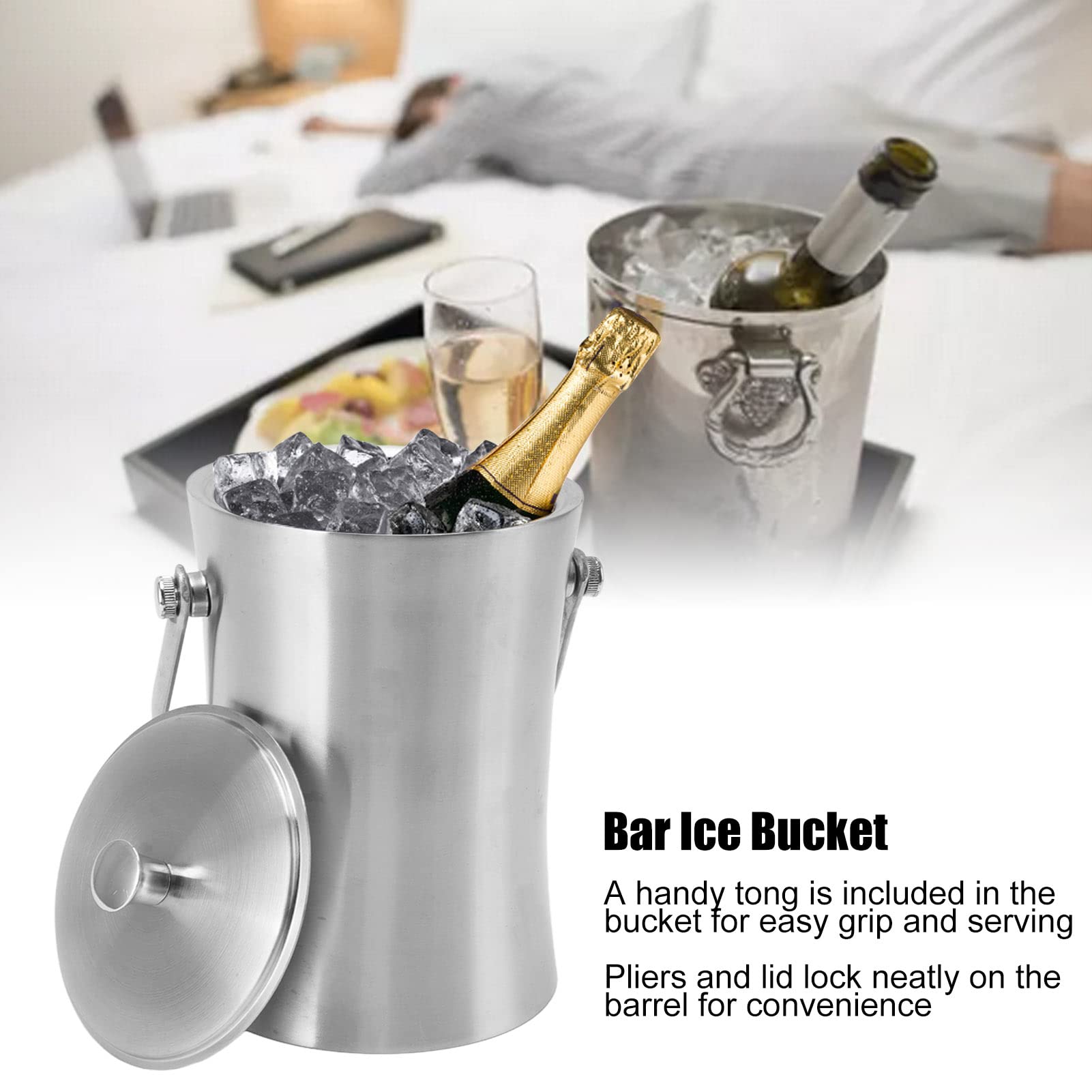 Alvinlite Secchiello Per Ghiaccio In Acciaio Inox – Doppia Parete Isolato, 2 Litri, Con Coperchio, Per Champagne E Vino - 4