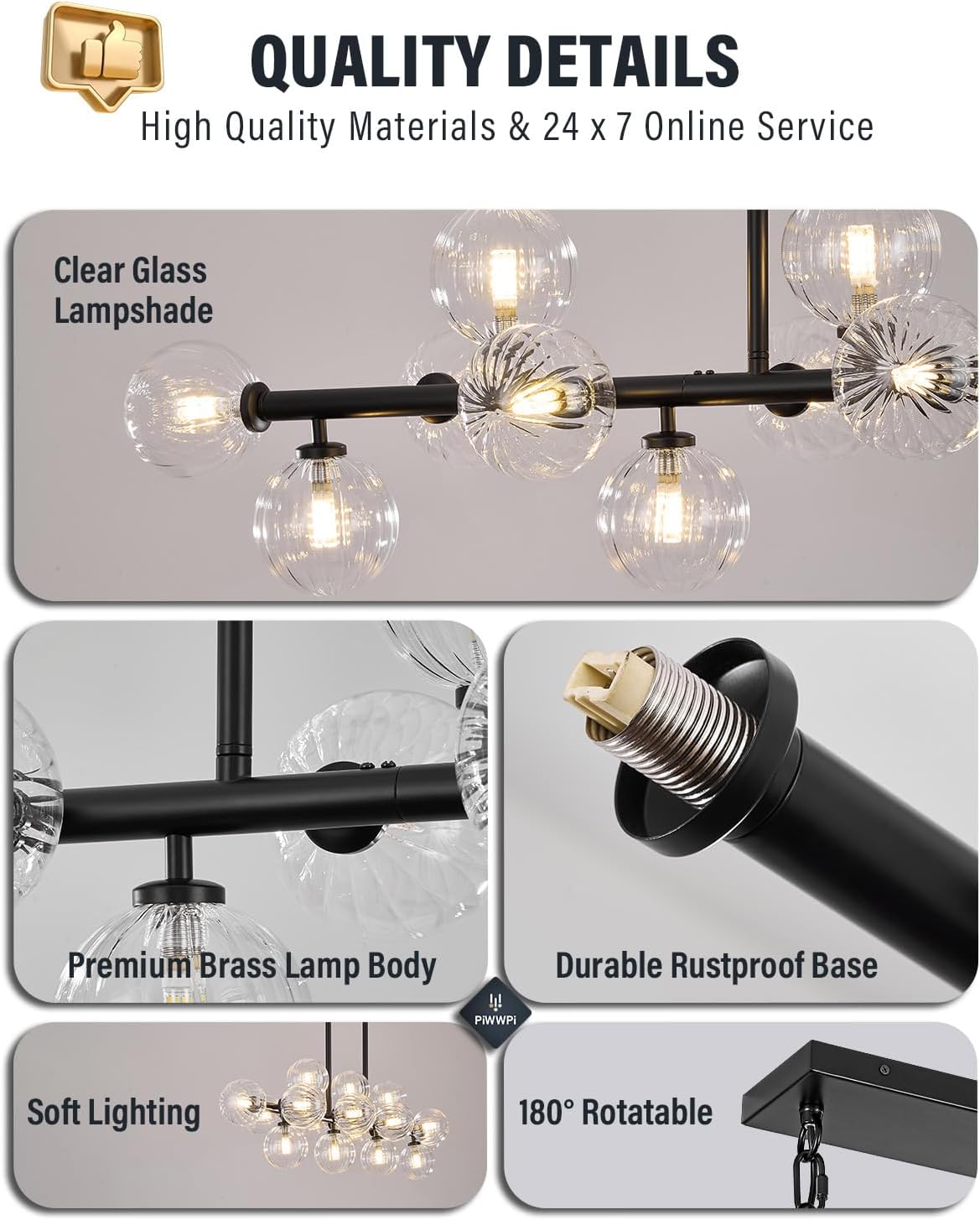 Large Linear Chandeliers for Dining Room Kitchen Island, 55" Long Light Fixture Over Table, 16-Light Modern Glass Globe Sputnik Farmhouse Chandelier, Black and Clear Bubble, GC-08