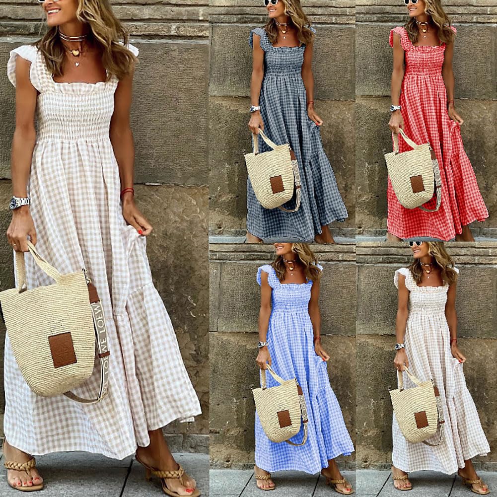 GARCAN Vestido Casual a Cuadros para Mujer Vestido Maxi Elástico con Cuello Halter a Cuadros De Collage Vestido Casual De Playa De Verano Vestido Midi Suelto con Botones Y Cuello