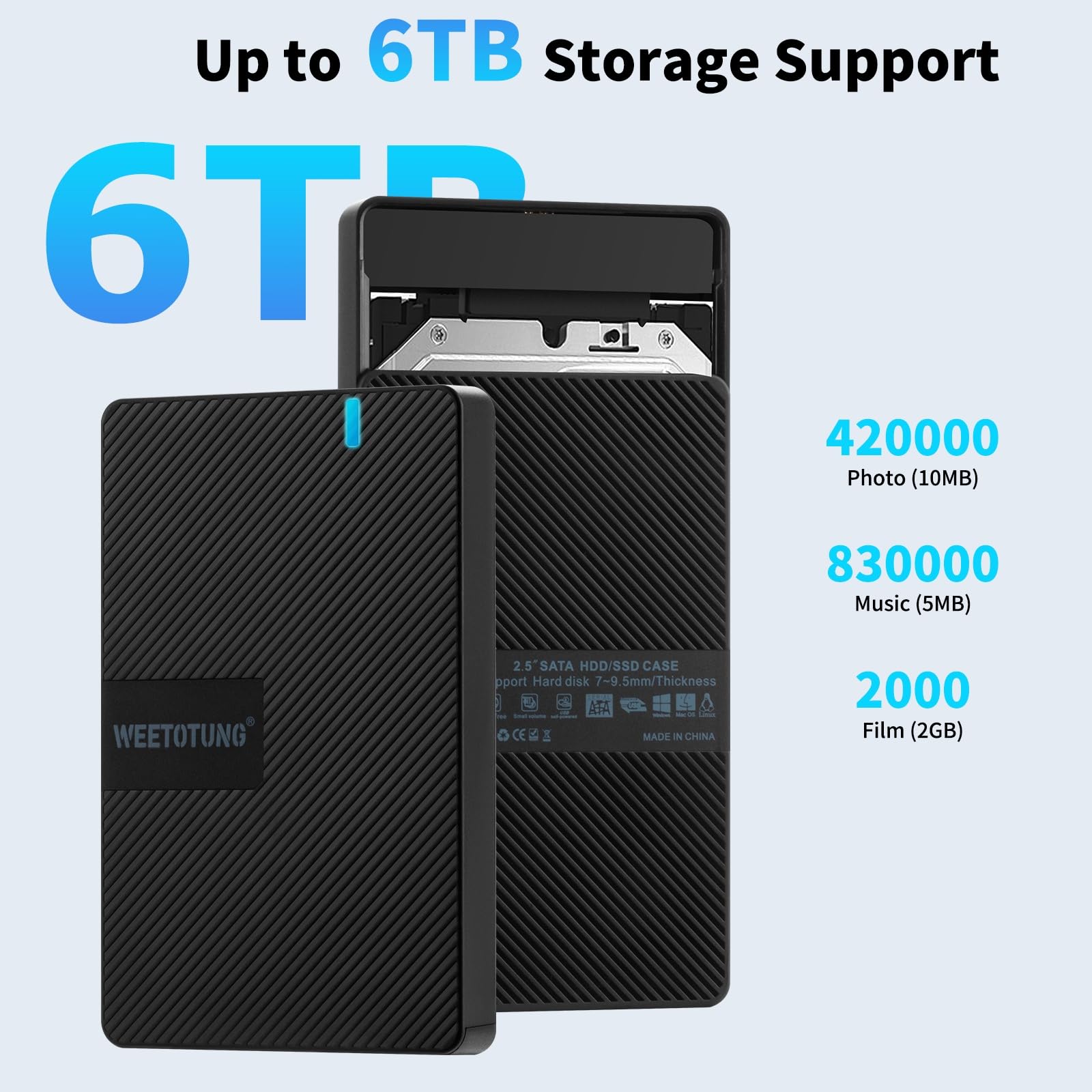 Zewnętrzna obudowa dysku twardego USB-C 2,5'' HDD SSD do SATA - WEETOTUNG 6 Gb/s obudowa bez użycia narzędzi kompatybilna z dyskiem UASP - do dysku 7 mm 9,5 mm z MacBookiem WD Seagate PlayStation