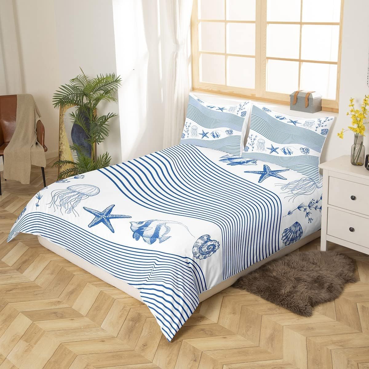 Homemissing Double Decoration Theme Ocean Duvet Cover Jellyfish Sea Star Biology Ocean Stripe Bedding Set Blue and White Duvet Cover Bedroom Decoration - Image 3