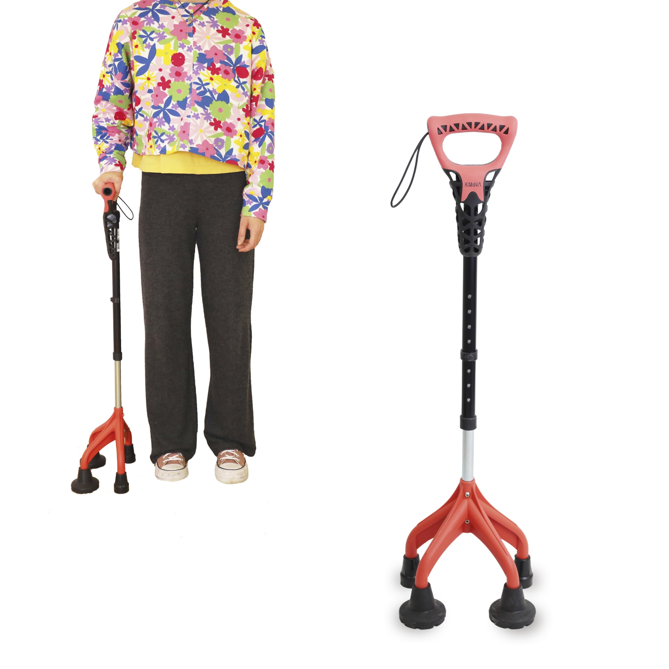 KMINA - Ergonomic and Adjustable 4-Leg Walking Sticks for Women and Men, Wide Base, Seniors, Improved Safety and Stability - Made in Europe