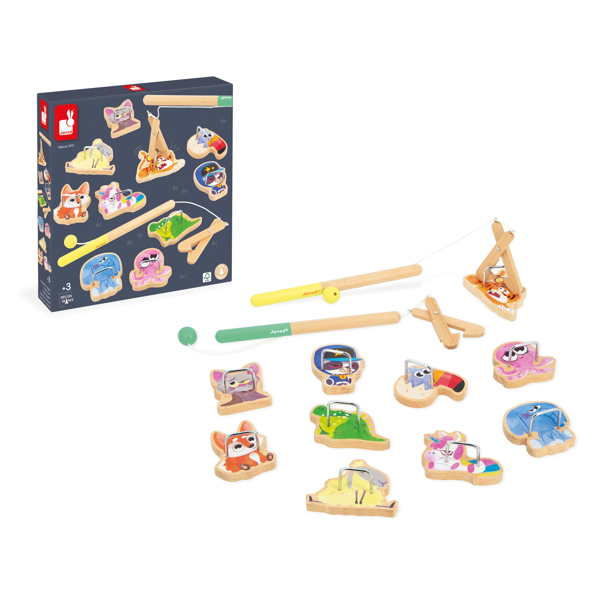 Janod - Angelspiel Applepop - Geschicklichkeitsspiel für Kinder - 2 Greifer + 10 Tiere + 1 Beutel - Fördert Handgeschicklichkeit und Konzentration - Spielzeug aus FSC-Holz - Ab 3 Jahre, J03352