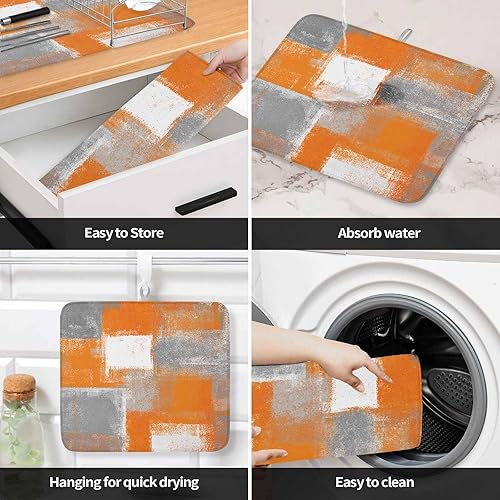 Miniatura 6 de Tapete de secado de platos naranja quemado para encimera de cocina, almohadillas de microfibra con bloques de color geométrico gris, pintura al óleo