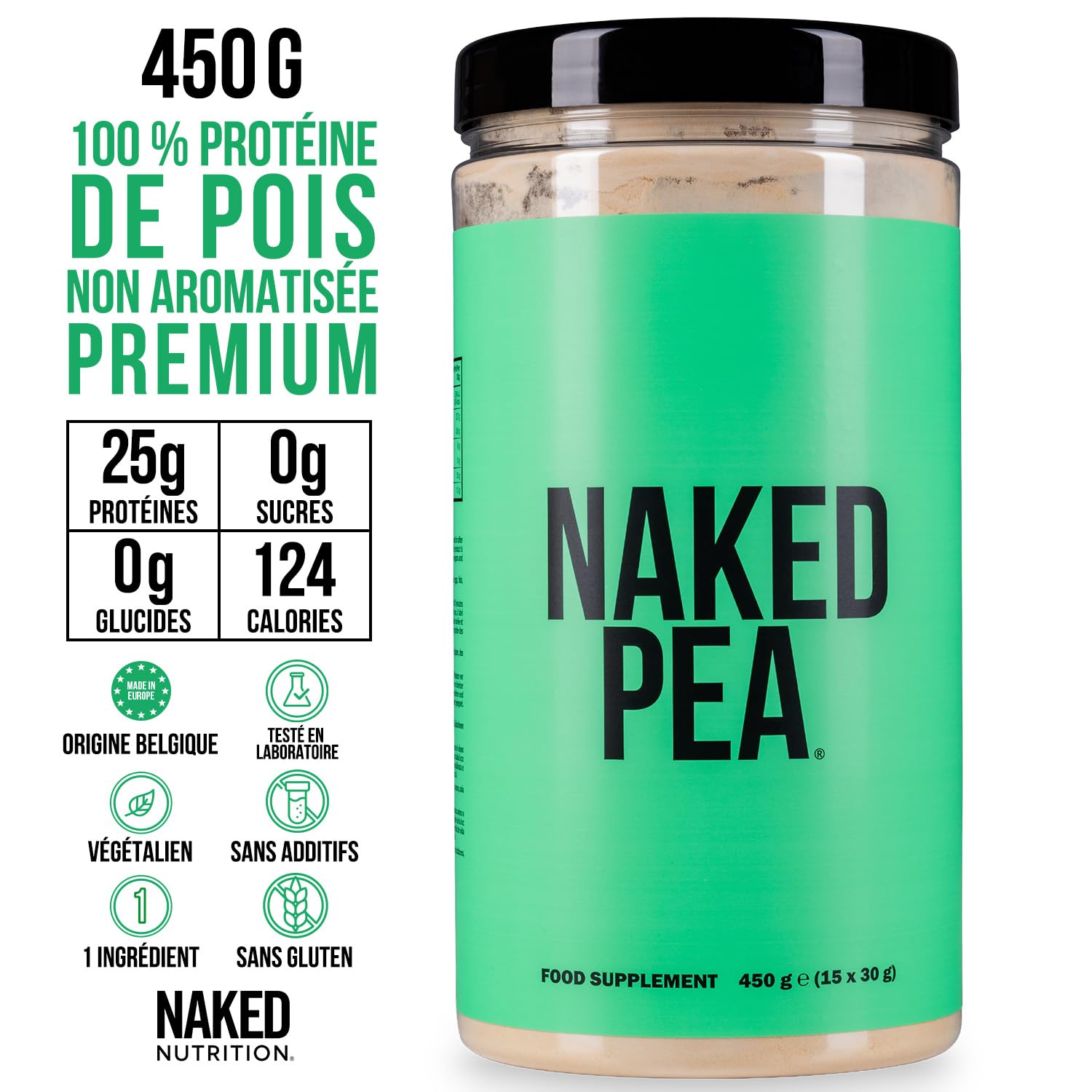 NAKED Pea – Isolat de protéine de pois – Protéine végétale, végétarienne et végane. Facile à digérer, sans OGM, sans lactose, sans soja et sans gluten – 450 g – 15 doses