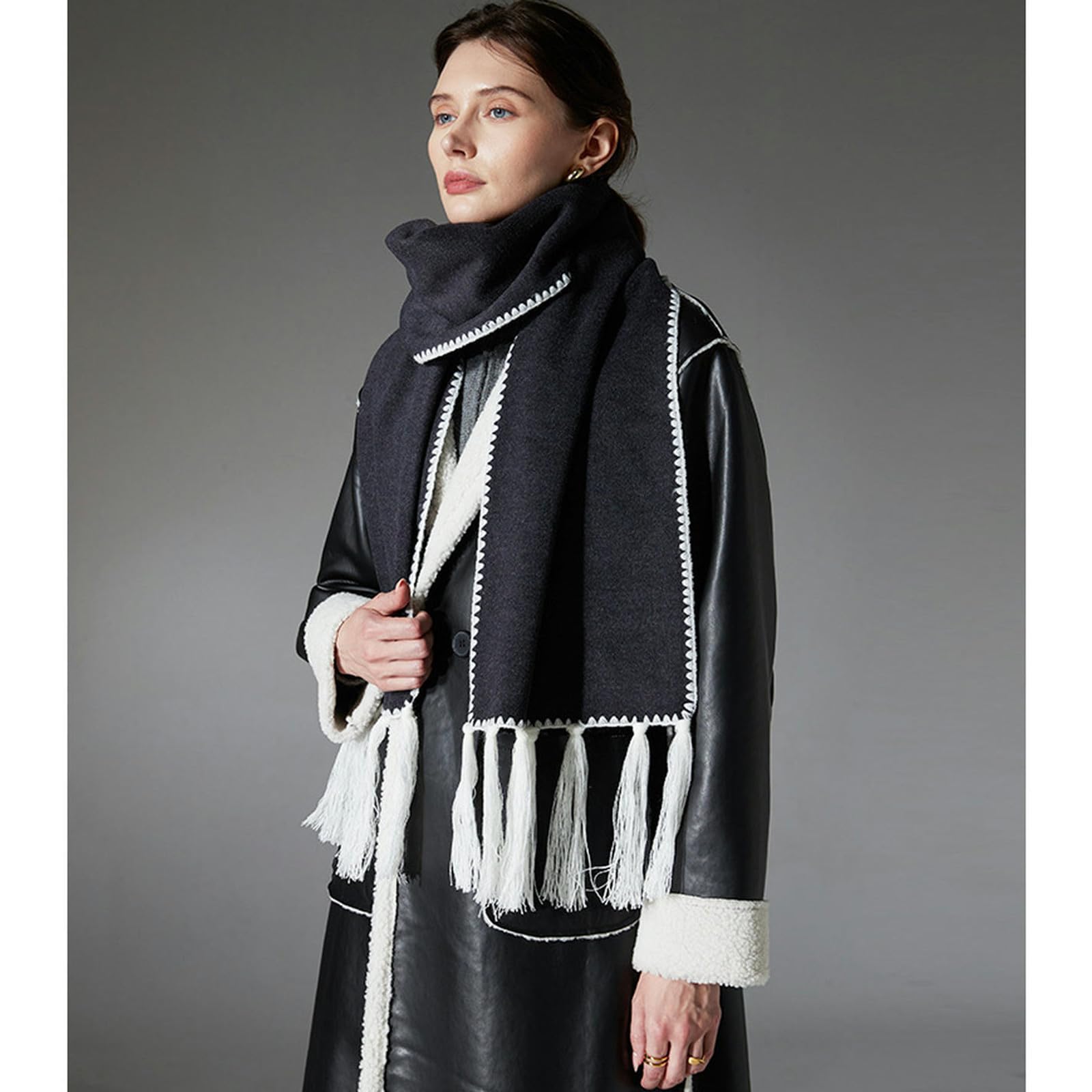 Sciarpa Donna Elegante Sciarpa A Doppia Faccia Grigio Scuro per Donne - Scialle Invernale Autunnale, Morbido E Caldo, Regalo di Natale Idear-Grigio Scuro-30 * 190 Cm