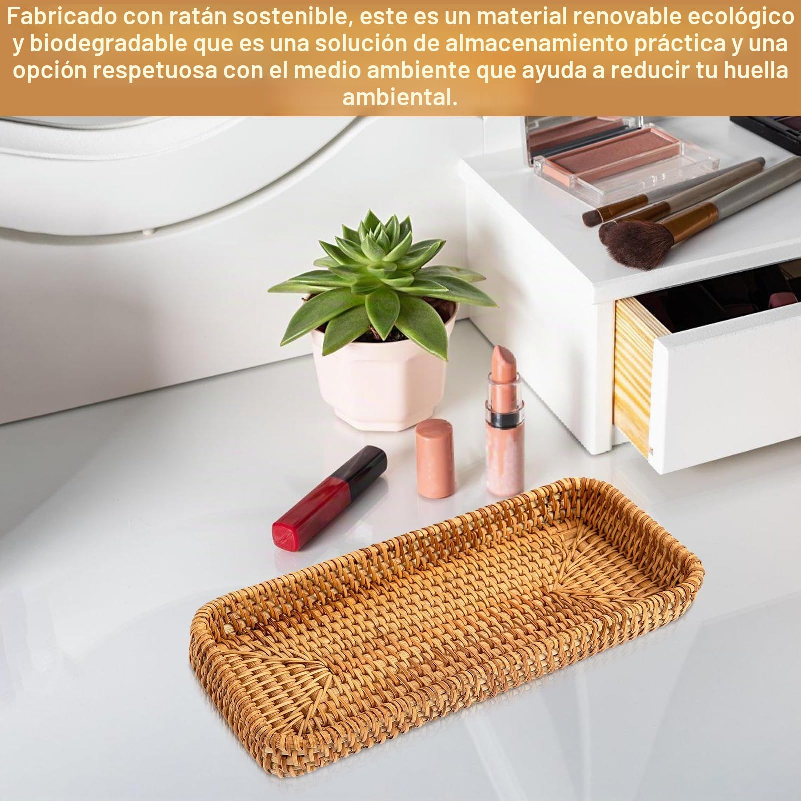 Cesta de almacenamiento de ratán, cestas de mimbre trenzado, para baño, para cajones, decorativas, cocina, salón (27,5 x 11 x 4 cm)