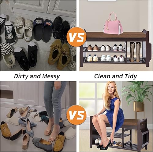 Miniatura 13 de Banco de zapatos de bambú con 3 ganchos laterales, cojín gris extraíble, almacenamiento de zapatos de entrada de 2 niveles, 37.4 x 11.4 x 19.3