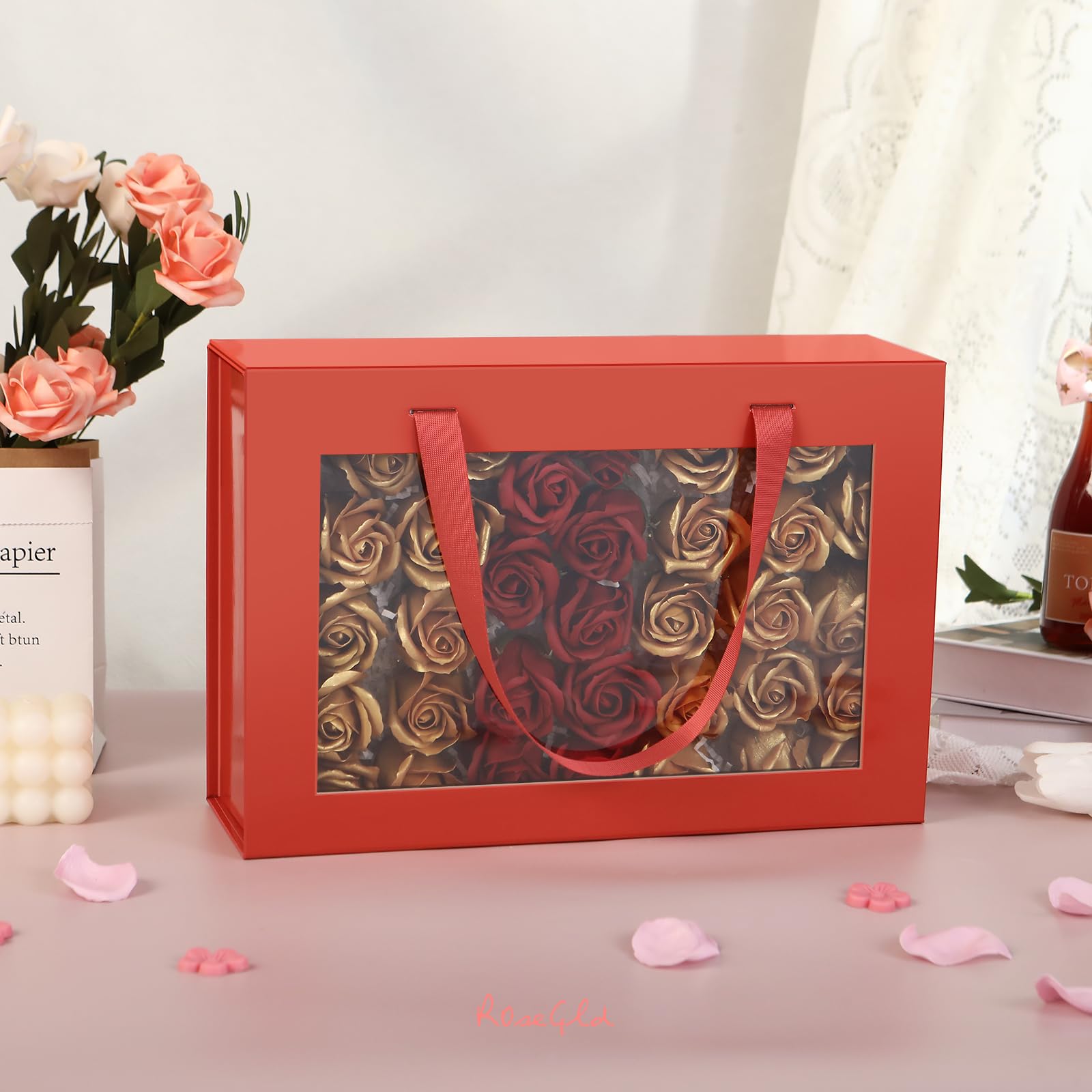 ROSEGLD 5 Large Clear Gift Boxes - 13.5x9x4.1 Inch Magnetic Bridesmaid