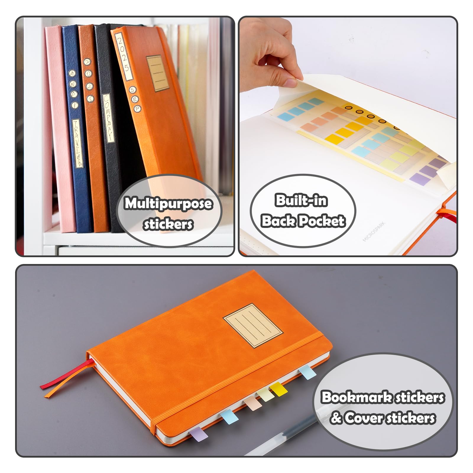 Carnet de notes A5 à pointillés (orange), édition portable A5, taille 12,7 x 21 cm, papier épais de 120 g/m², 128 pages, couverture rigide avec autocollants