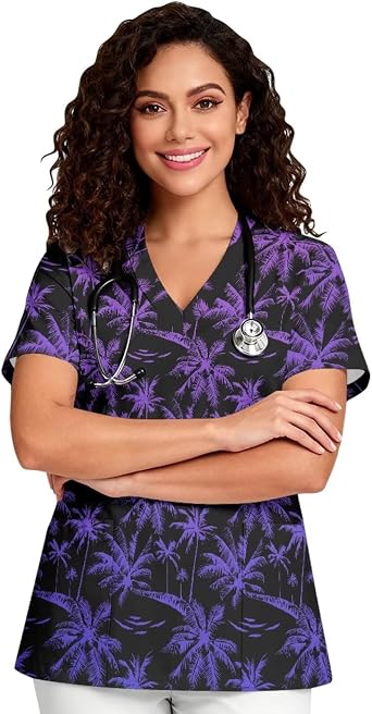 PinUp Angel Womens Cute Graphic Scrub Tops V-Neck Short Sleeve Nursing Shirt with Front Pockets for Daily Work Use