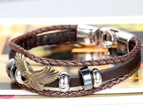 Miniatura 2 de Flongo Pulsera de tribal, de piel trenzada de cuero trenzado vintage de bronce y marrón águila para hombre, 8.5 pulgadas