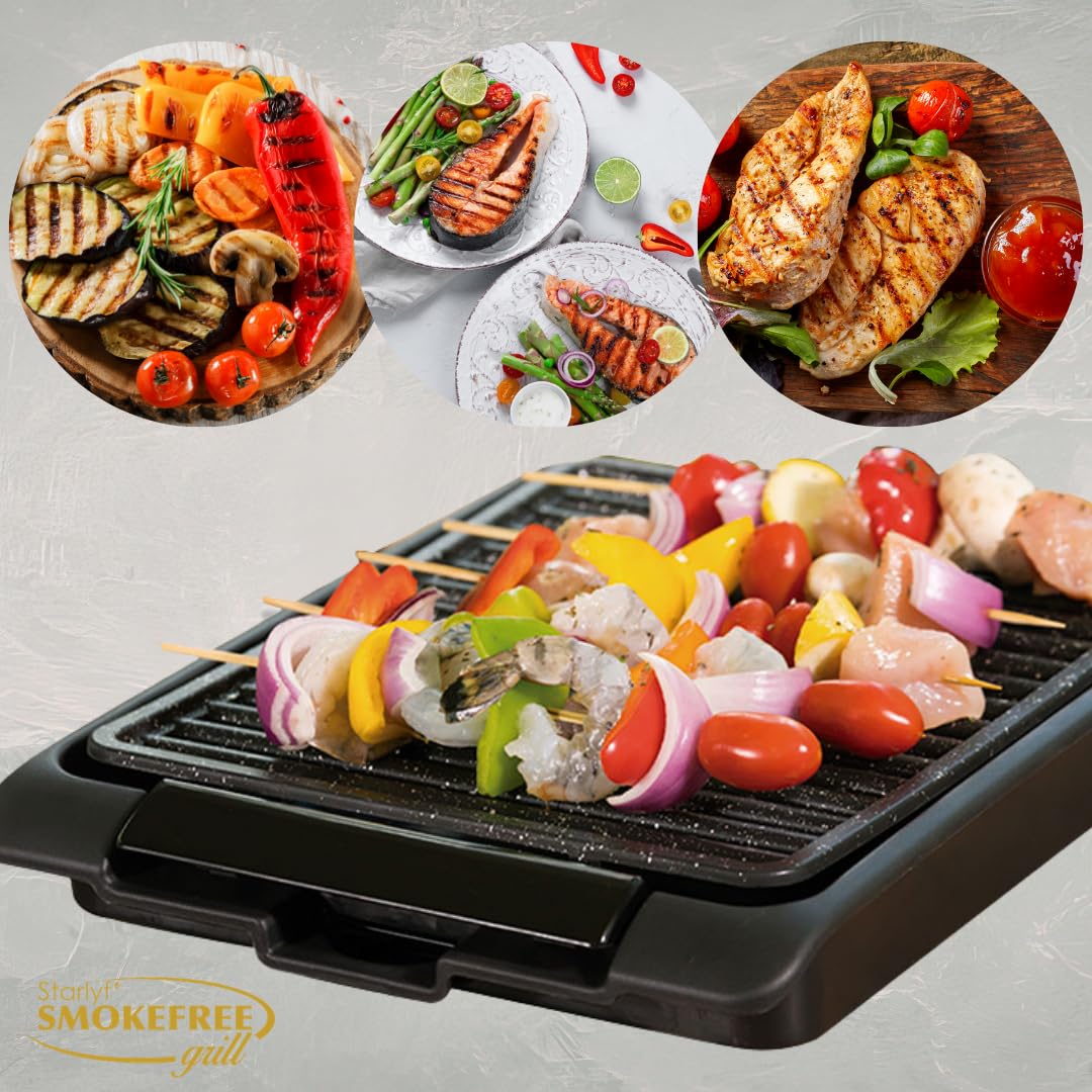 STARLYF Barbacoa eléctrica Smokefree Grill + Plancha - Barbacoa Eléctrica de 1250W, Parrilla Eléctrica Interior sin Humos ni Olores, Superficie Antiadherente y Cocción Uniforme, Color Negro