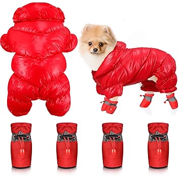 Winter Puppy Coat Warm Dog Shoes Set Pet Jacket Waterproof Pet Clothes Snowsuit and 4 Pieces Dog Boots Paw Protectors with Reflective Strap Fleece Padded Pet Coat for Small Pet Dog Puppy Cat Outdoors