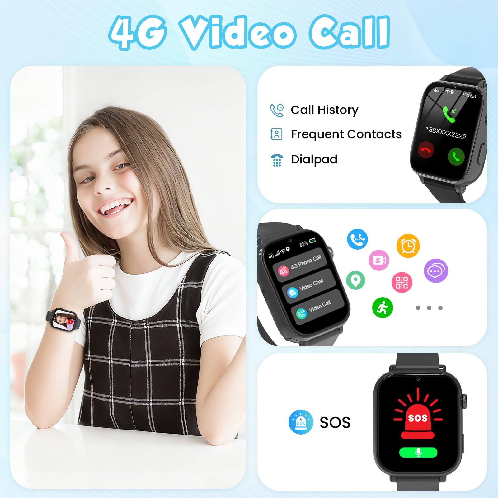 Smartwatch per Bambini GPS 4G, Orologio Bambino Bambina con Telefono, Videochiamata Chat Vocale Sveglia Contapassi Camera Modalità Classe Gioco, Smartwatch per Ragazza e Ragazzo 4-12 Anni Regalo, Nero