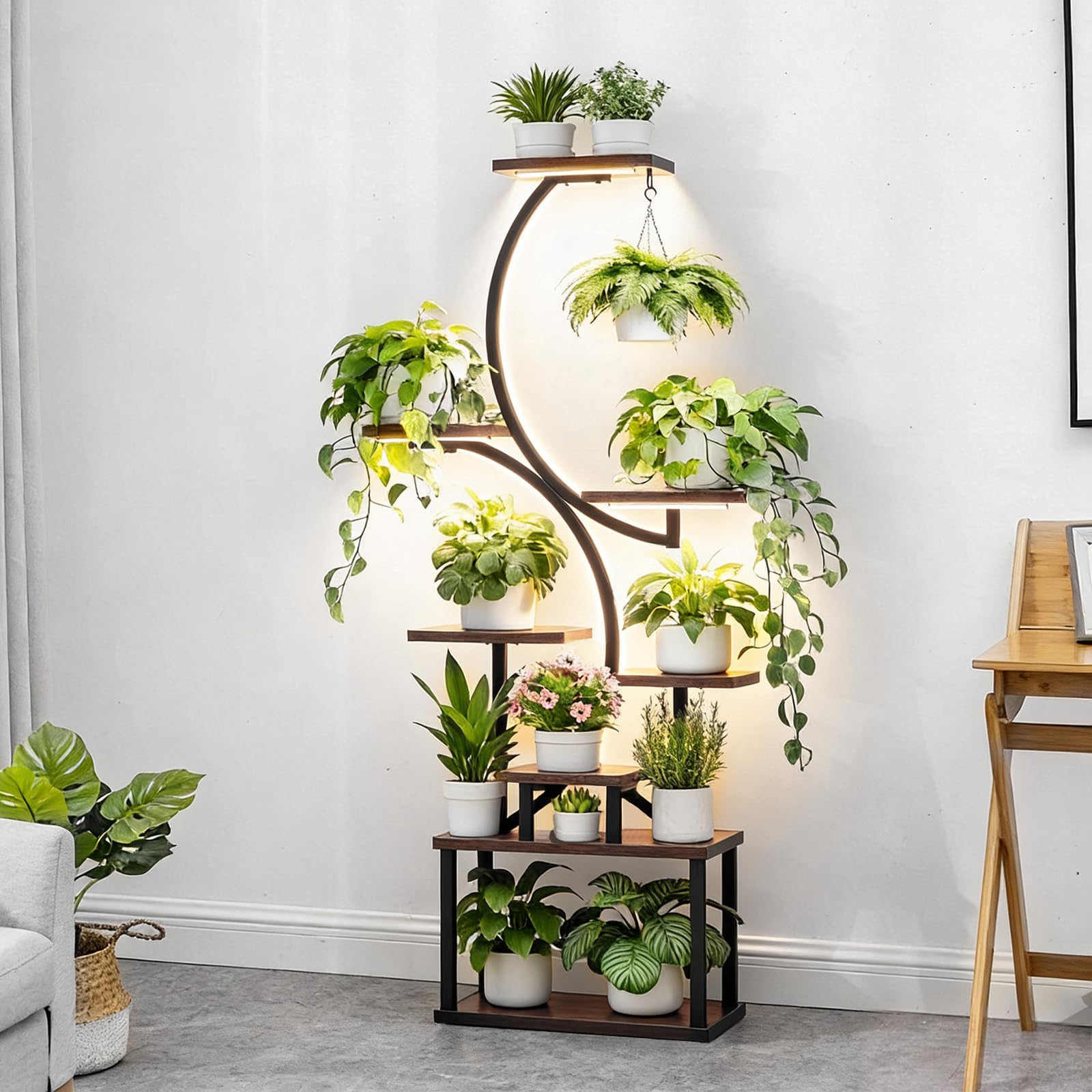 Pflanzenständer mit Wachstumslicht und 4 Rollen, 8 Etagen 159cm Höhe Pflanzenregal Indoor, Blumenständer , Metall-Holz Pflanzenregal für Innen & Außen - Mobiles Blumenregal für Balkon, Büro,Wohnzimmer