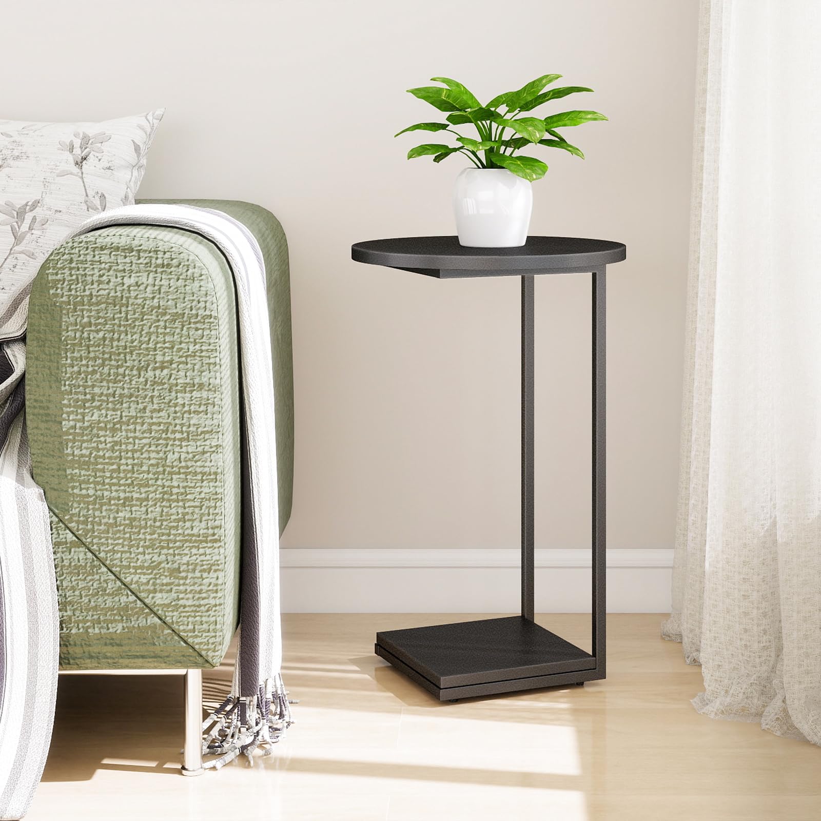 Tavolino da salotto, tavolino a forma di C, comodino, tavolino da caffè rotondo, con struttura in metallo, comodino per computer portatile, ufficio, per camere da letto con piccoli spazi (48 x 74