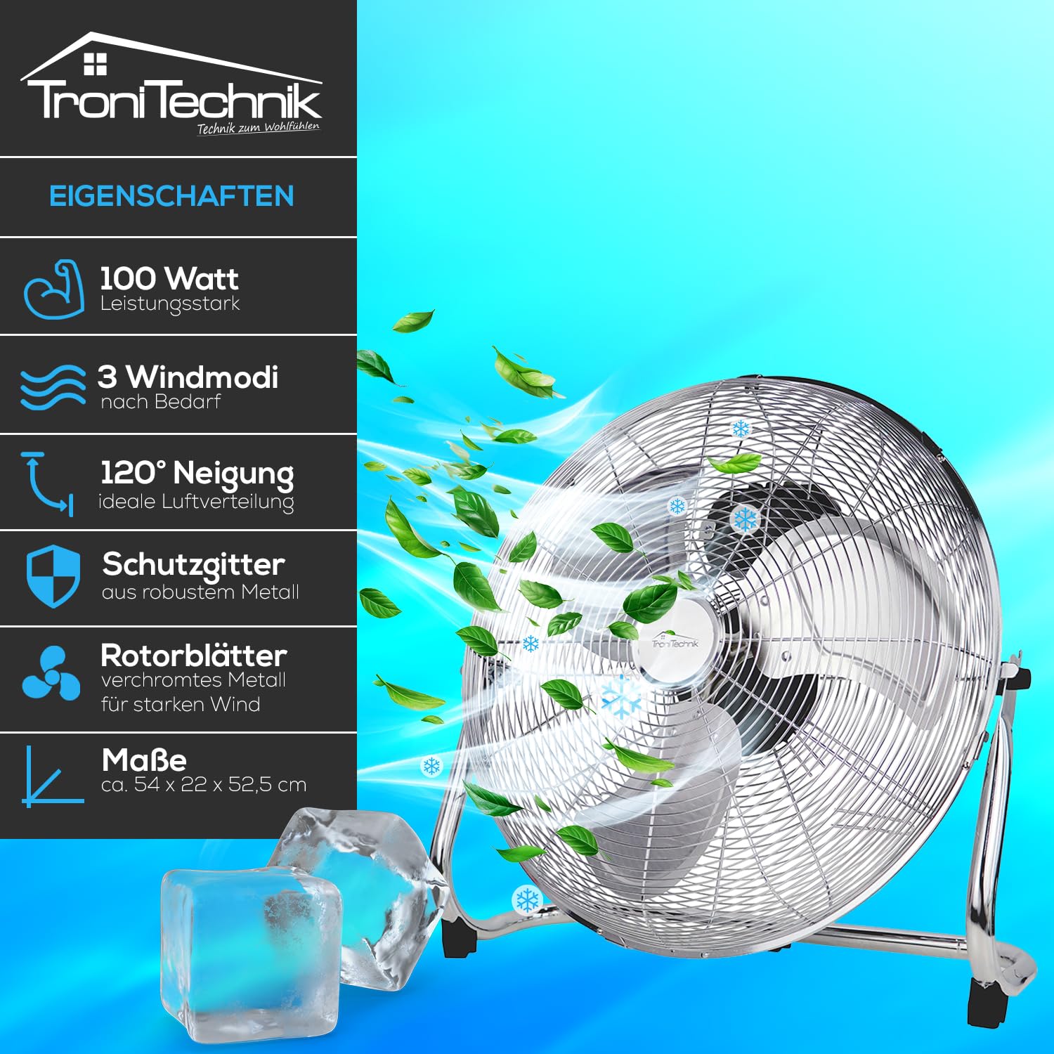 Tronitechnik® XL Windmaschine mit 45 cm Ø | Ventilator Verstellbarer Winkel | Bodenventilator 3 Stufen | Ventilator aus Metall | Luftkühler | Standlüfter | Raumkühler