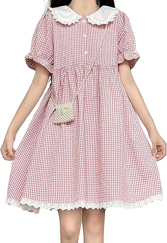 chouyatou Womens Retro Plaid Button Up Babydoll Mini Dress Short Sleeve Lace Ruffle Lapel Collared Gingham Dress