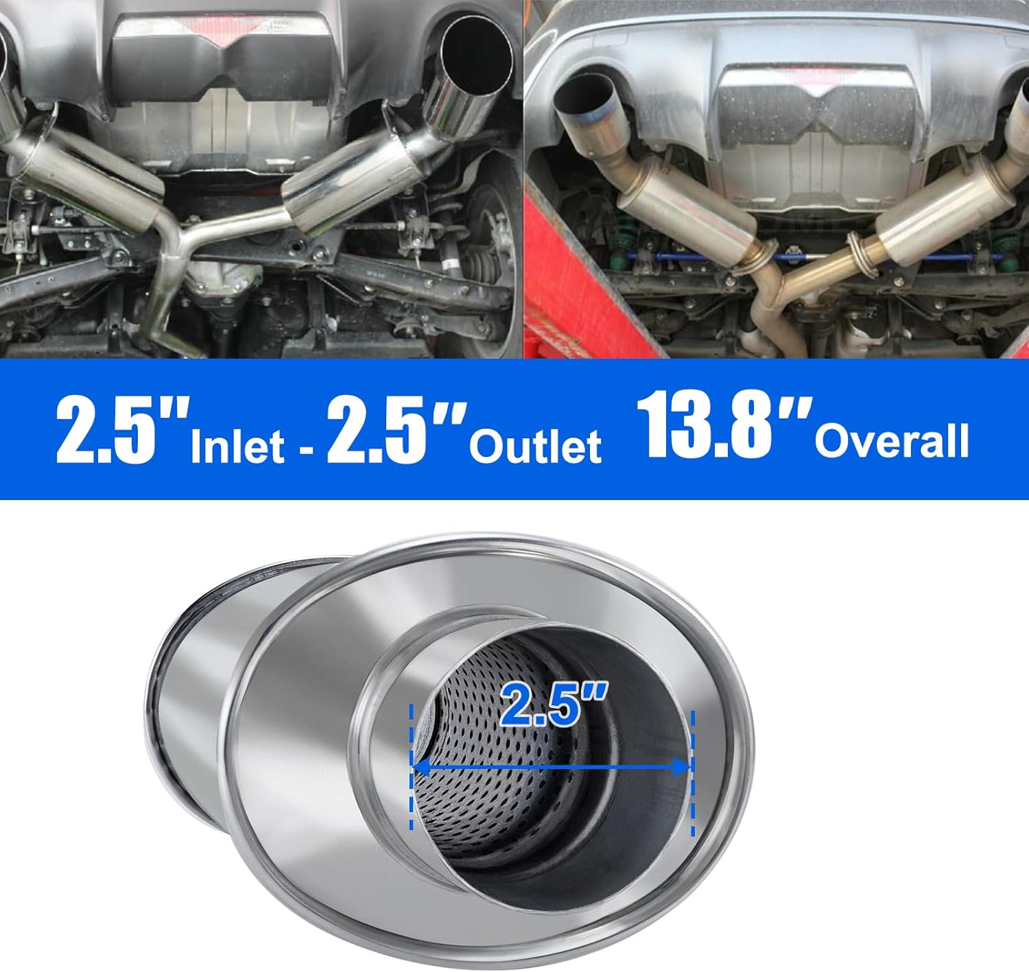 2.5'' Stainless Steel Resonator, 2.5'' inlet/outlet, Universal 13.8'' Overall Straight Through Design Exhaust Resonator