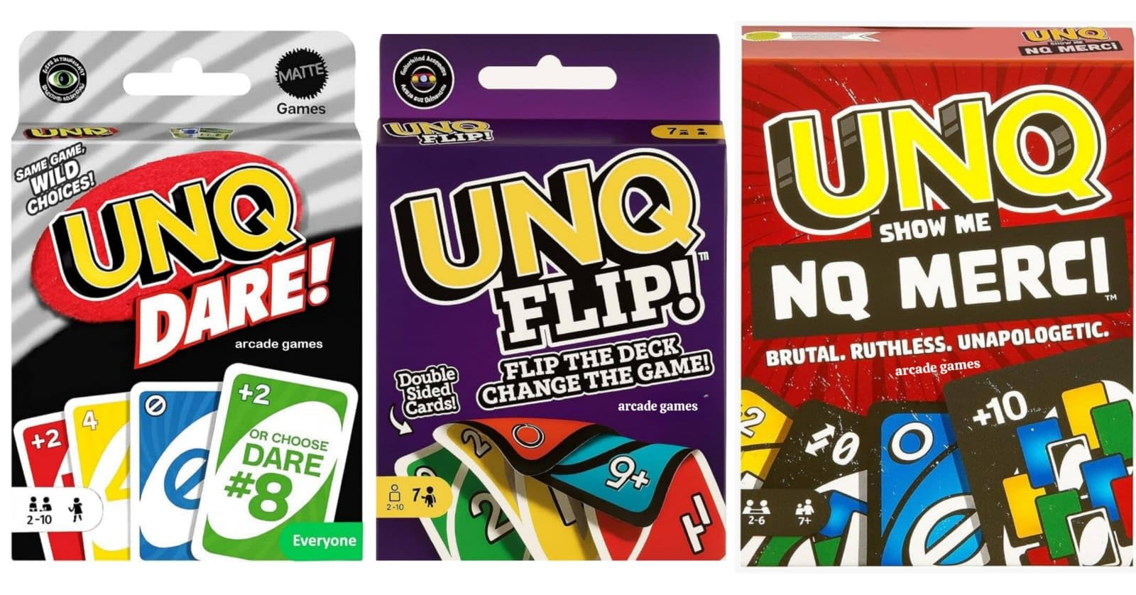 ARCADE GAMES Matte UNQ flip, Merci & Dare | Combo Pack of 3 | Fun Family Card Games for Kids & Adults | Action-Packed, Strategic & Challenge Play | Ideal for Parties, Holidays & Travel