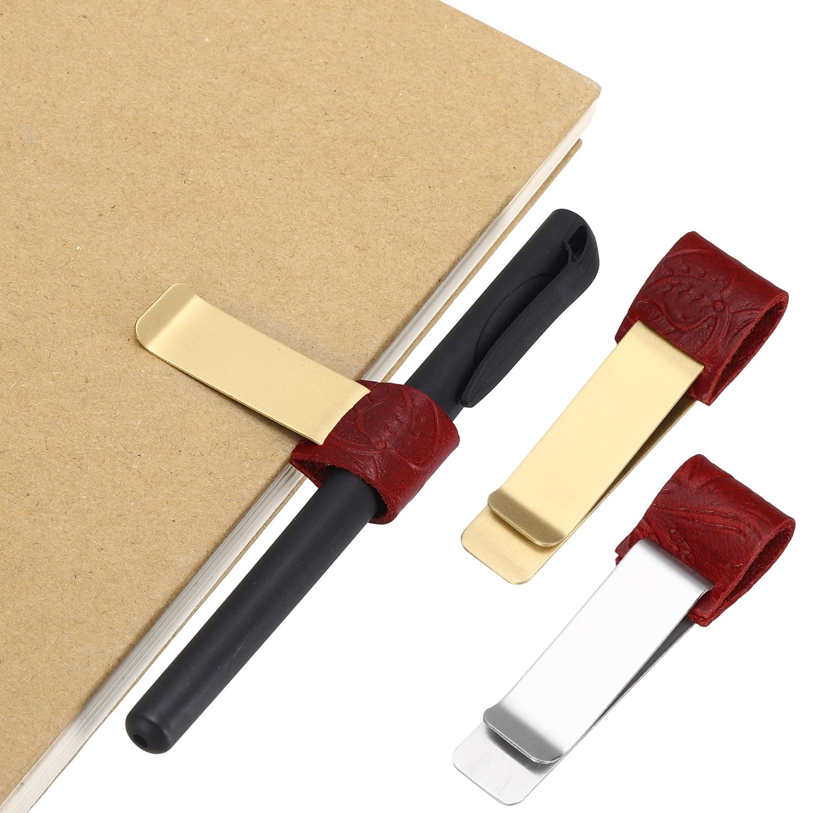 PATIKIL 2Pcs Pen Loop for Notebook, Brass Carved Retro Leather Pencil Holder Pen Clip for Notebook Clipboards Pocket Office Journals Planner, Red/Brass/Red/Silver