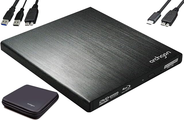 archgon Star UHD External 4K-Ultra HD BD Player, Blu-ray BDXL Burner for PC USB 3.0 USB-C, M-Disc, Tray Load Disc Drive, Protection Box, Aluminum Black