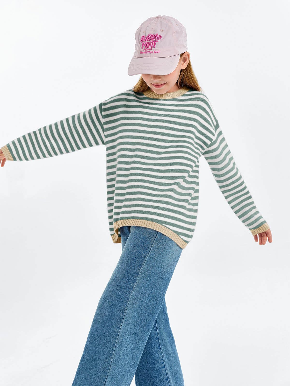 Haloumoning Mädchen Pullover Streifen Strickpullove Rundhalsausschnitt Leichter Sweater Einfarbig Langarm Knitted Winter Sweatshirt für Kinder Pulli Oberteile