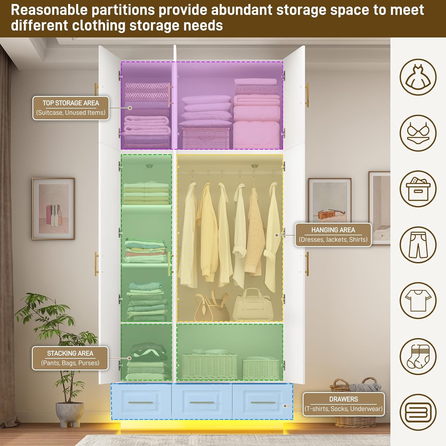 Hlivelood Large Armoire Wardrobe Closet Cabinet with Drawers and LED Lights, Multi-Tier Shelves, Hanging Rod, Large Capacity Storage 3 Door Wardrobe Armoire with Top Cabinet for Bedroom, White