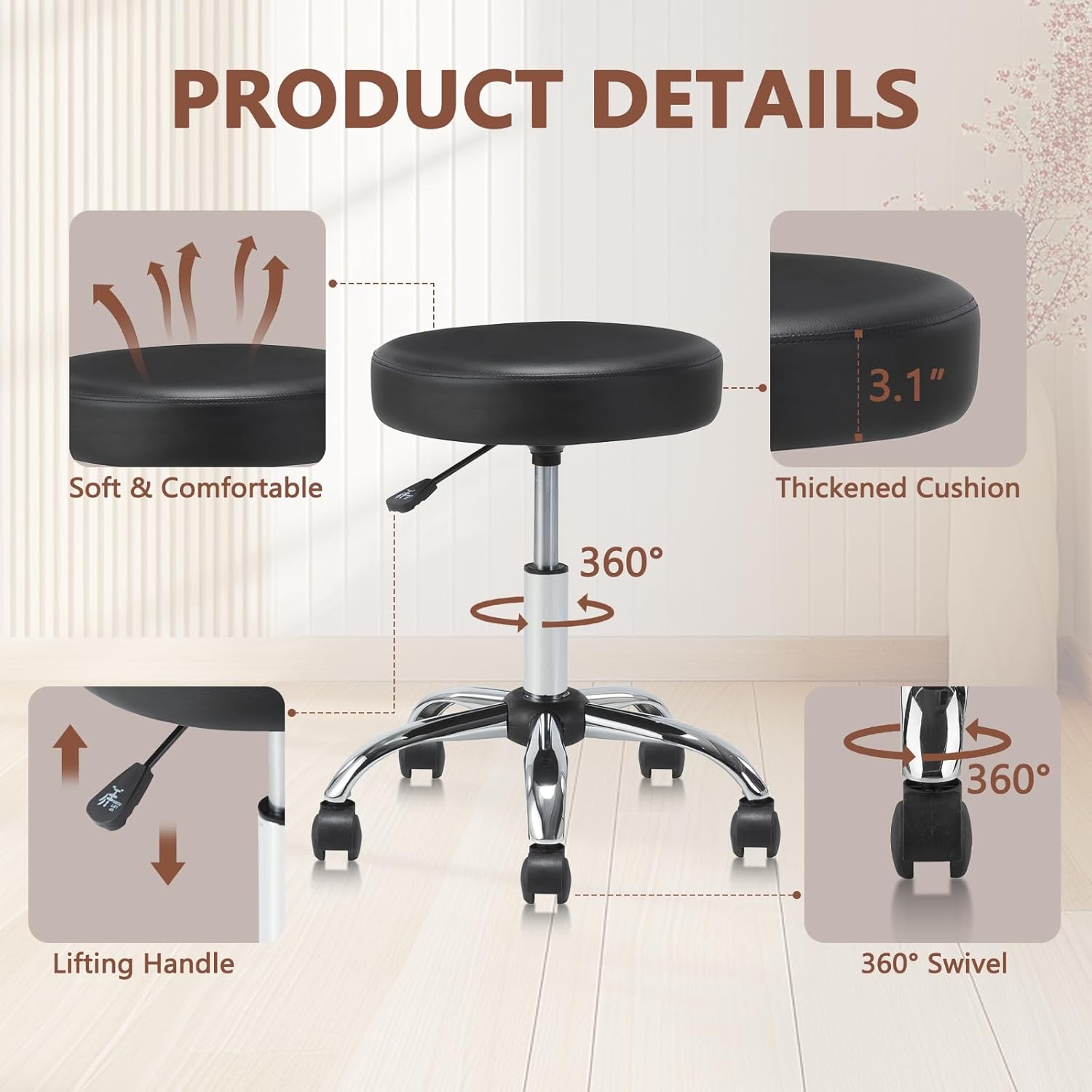 KLASIKA Set of 2 Round Rolling Stool Swivel with Wheels Adjustable Height Heavy Duty Wide Seat Drafting Stool Chair for Office Salon Massage Spa Medical Tattoo Beauty 2 Pack