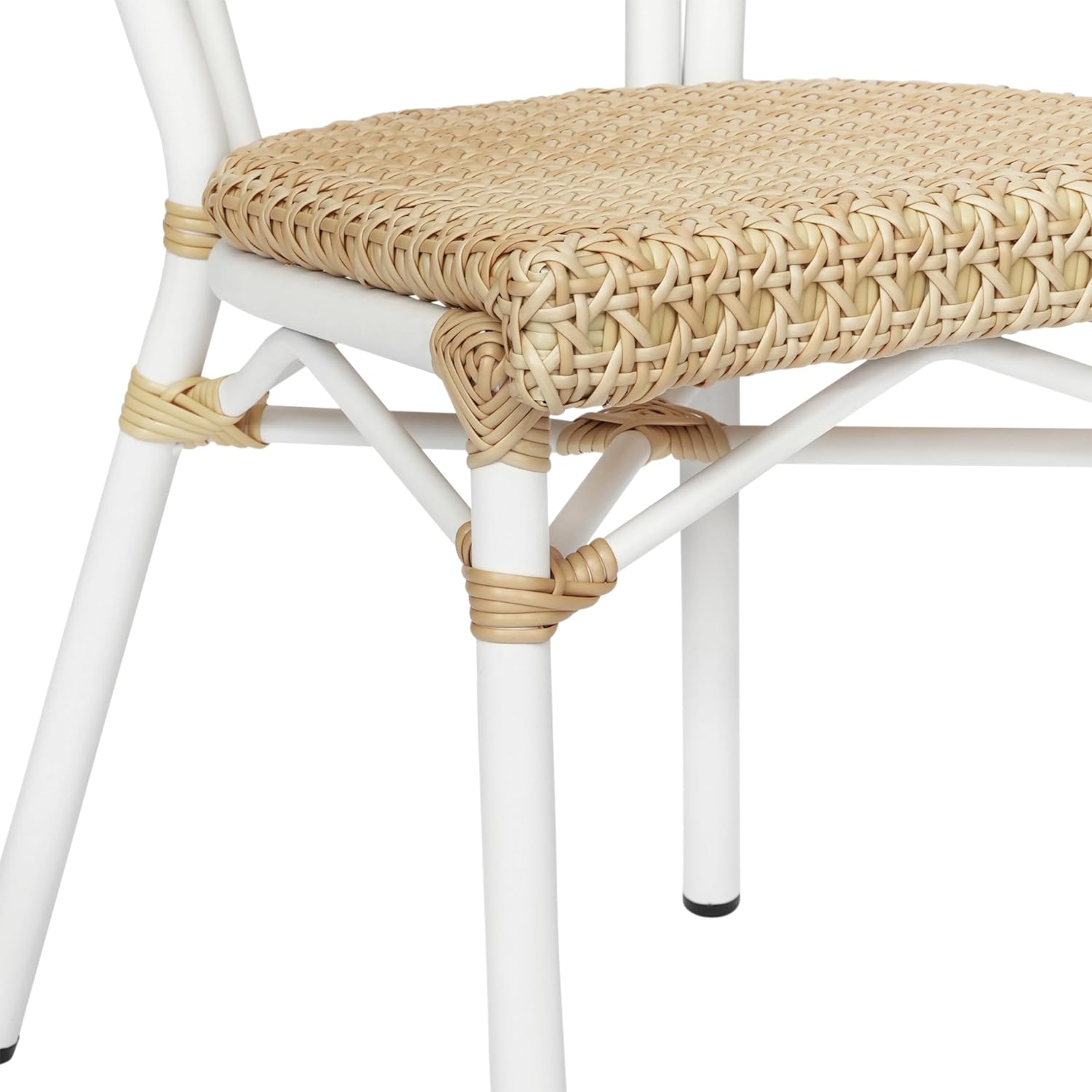 Flash Furniture Cannes Indoor/Outdoor Commercial Thonet French Bistro Stack Chair - Natural PE Cane Rattan Back and Seat - White Metal Frame - Set of 4