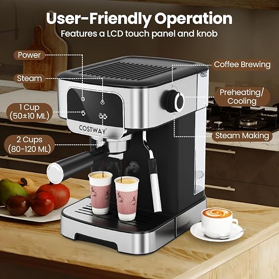 COSTWAY 20 Bar Espresso Coffee Machine, 1200W Compact Coffee Maker with Milk Frother, Touch Screen & 1.8 L Removable Water Tank, Stainless Steel Espresso Maker for Cappuccino, Latte, Ground Coffee