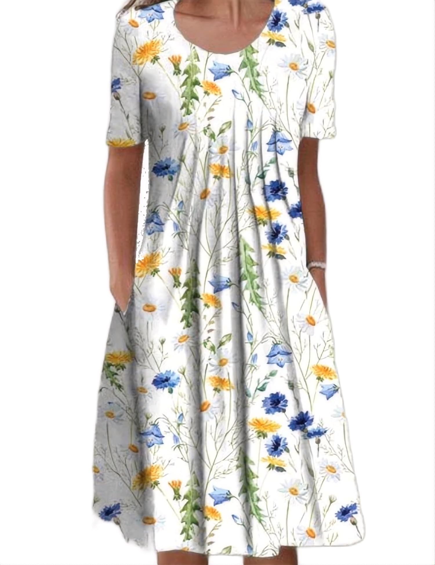 SEEKWISH Vestido de Verano Midi Mujer Estampado de Flores Mangas Cortas Escote en Pico Ancho