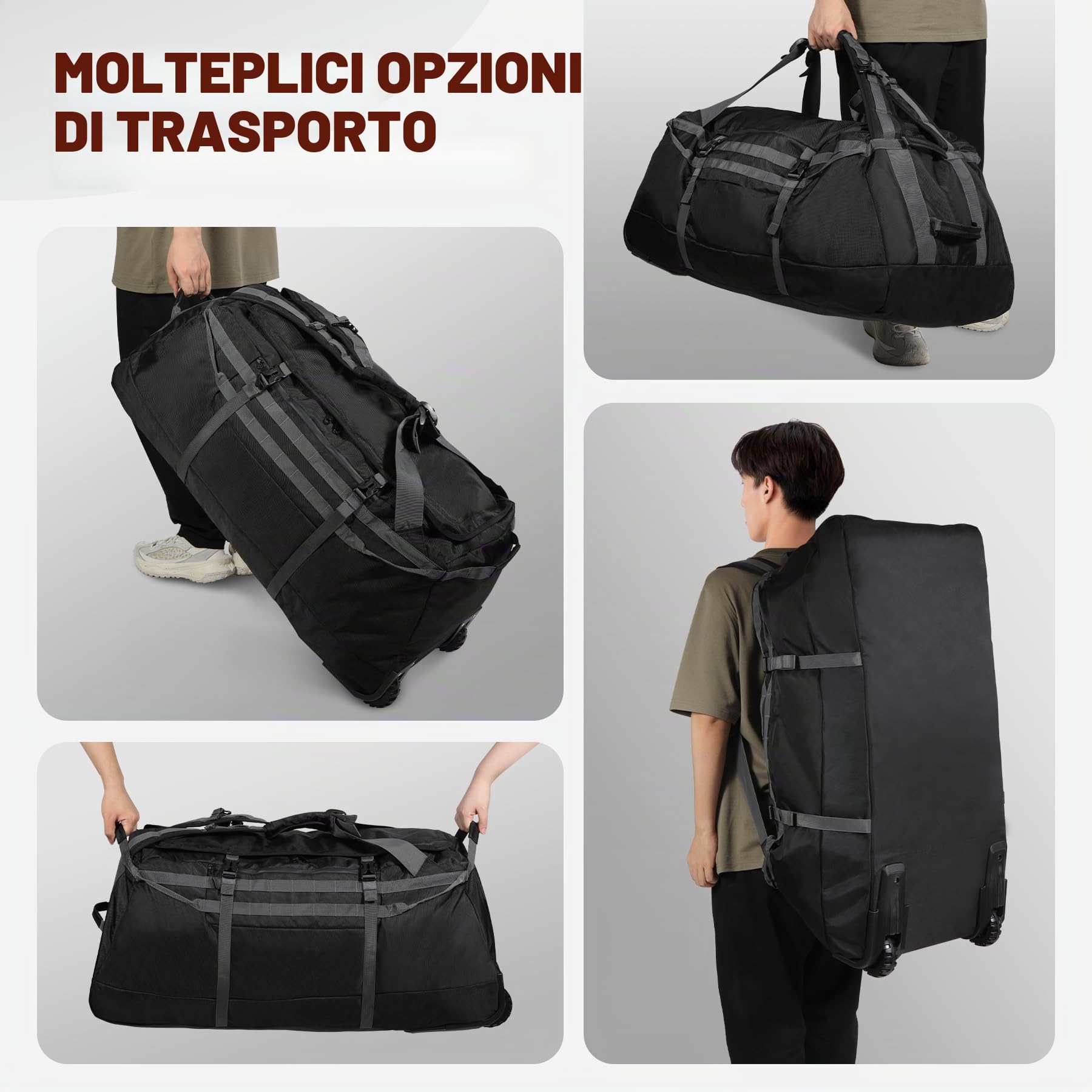 REDCAMP Borsone con ruote, grande borsone pieghevole da viaggio con rulli, nero, 85L/120L/140L, 140 l-nero
